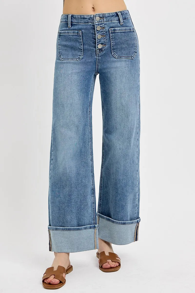 RISEN High Rise Ankle Wide Button Patch Pocket Cuffed Jeans MEDIUM