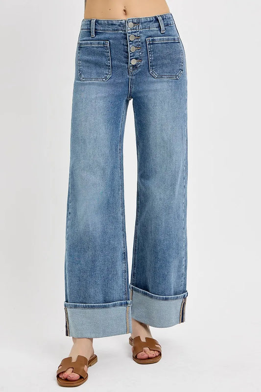 RISEN High Rise Ankle Wide Button Patch Pocket Cuffed Jeans MEDIUM
