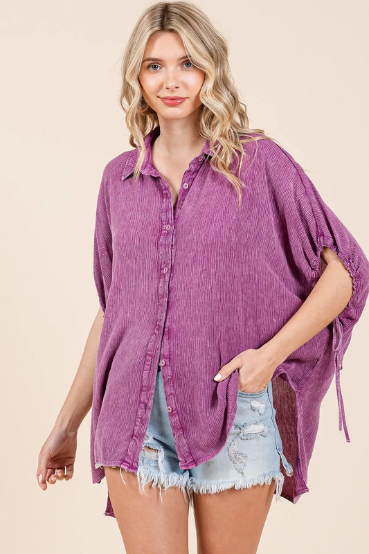 Mittoshop Mineral Wash Loose Fit Button Down Shirt DEEP ORCHID
