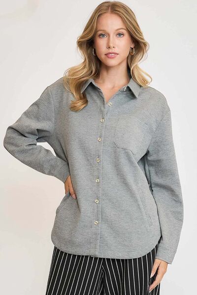 Umgee Full Size Button Down Collared Neck Shacket Plus Size Gray