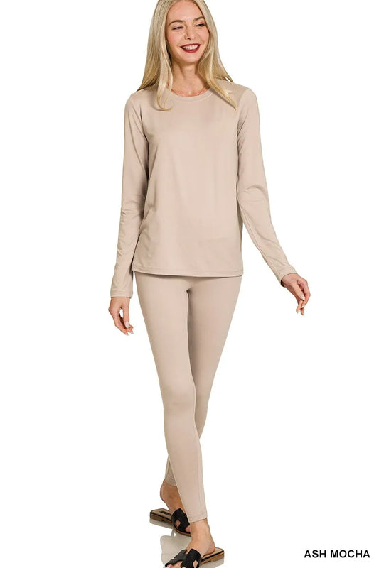 Zenana Microfiber Round Neck Top and Leggings Set ASH MOCHA