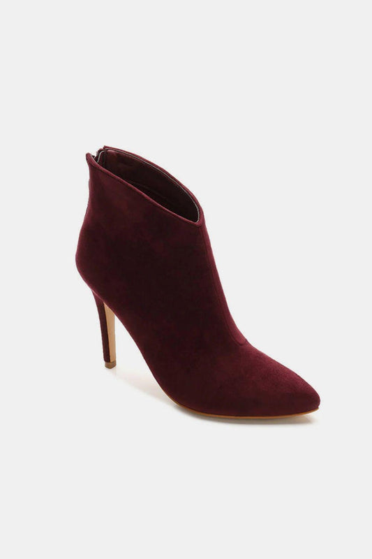 Beast Fashion Suede Stiletto Ankle Booties with Back Zippers Wine
