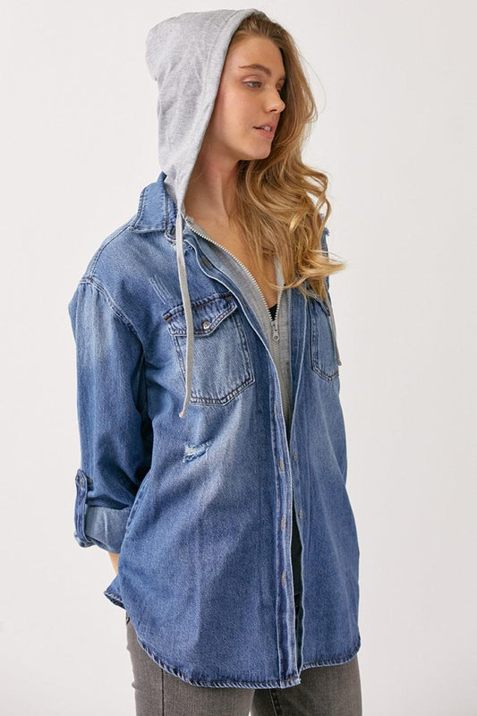 RISEN Zip Up Hooded Denim Shirt Dark