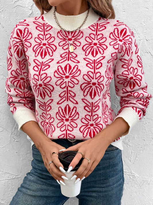 Perfee Flower Round Neck Long Sleeve Sweater Scarlet