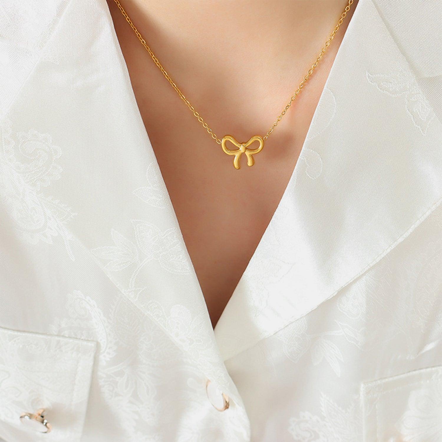 Gold-Plated Titanium Steel Bow Pendant Necklace Gold One Size