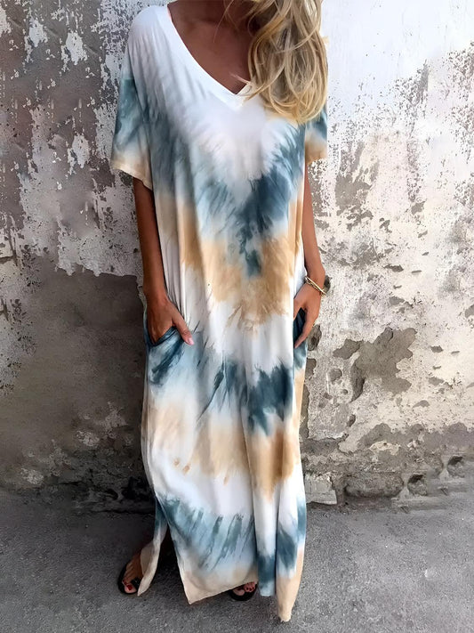 Full Size Pocketed Tie-Dye Short Sleeve Dress Pastel Yellow
