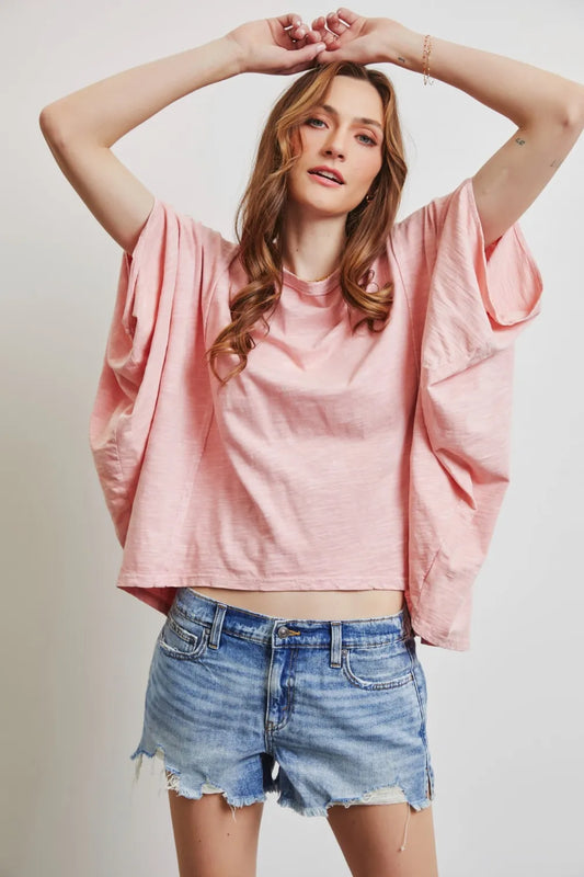HEYSON Full Size Garment-Dyed Boat Neck Oversized Top Pink