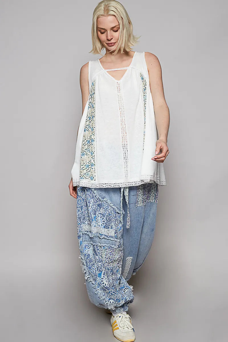 POL V Neck Sleeveless Tank Top with Lace Detail
