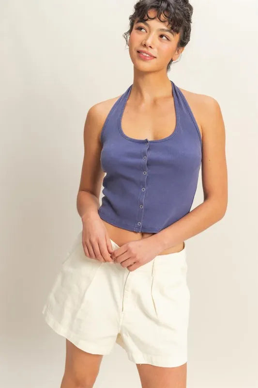 HYFVE Halter Neck Buttoned Washed Top DUSTY INDIGO