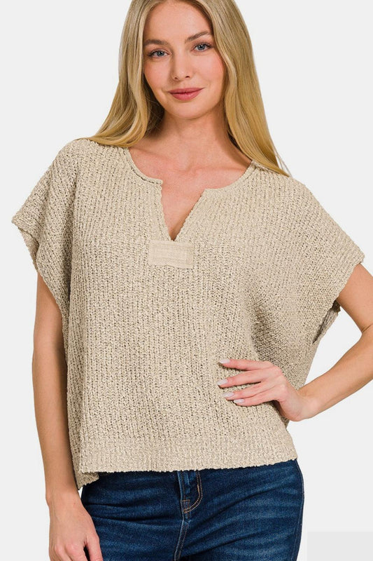 Zenana Short Sleeve Side Slit Sweater H Mocha