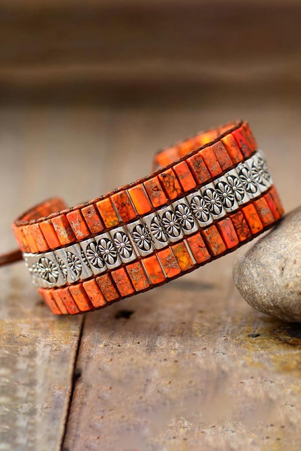 Handmade Triple Layer Natural Stone Bracelet Orange One Size