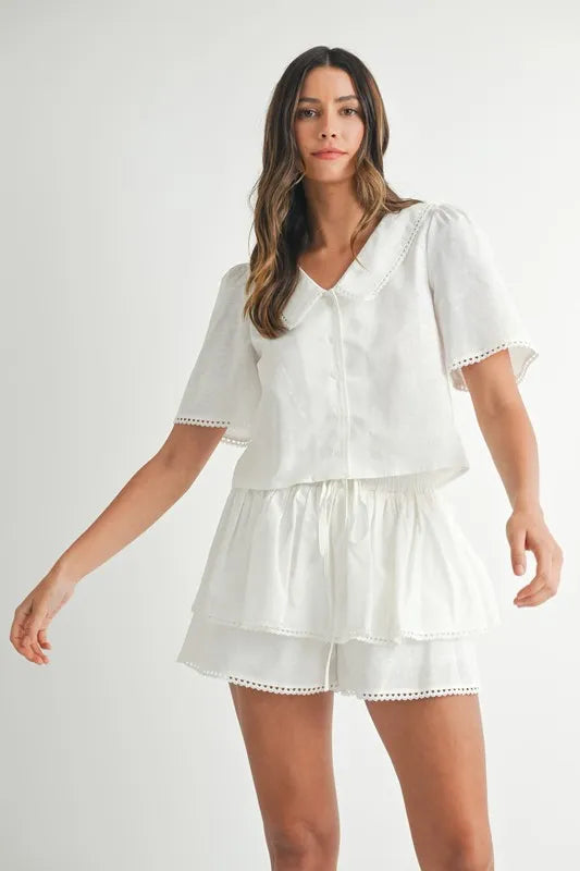 MABLE Collared Button Down Crop Top and Skort Set