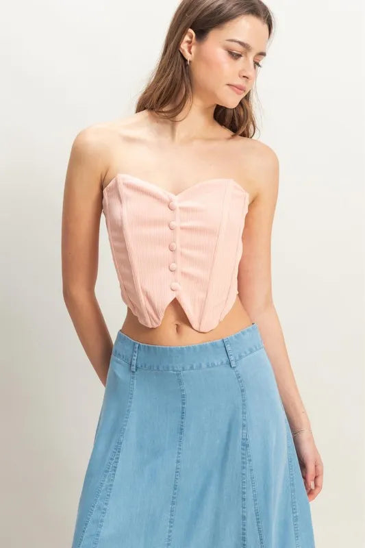HYFVE Buttoned Front Strapless Knit Bustier Top PEACH