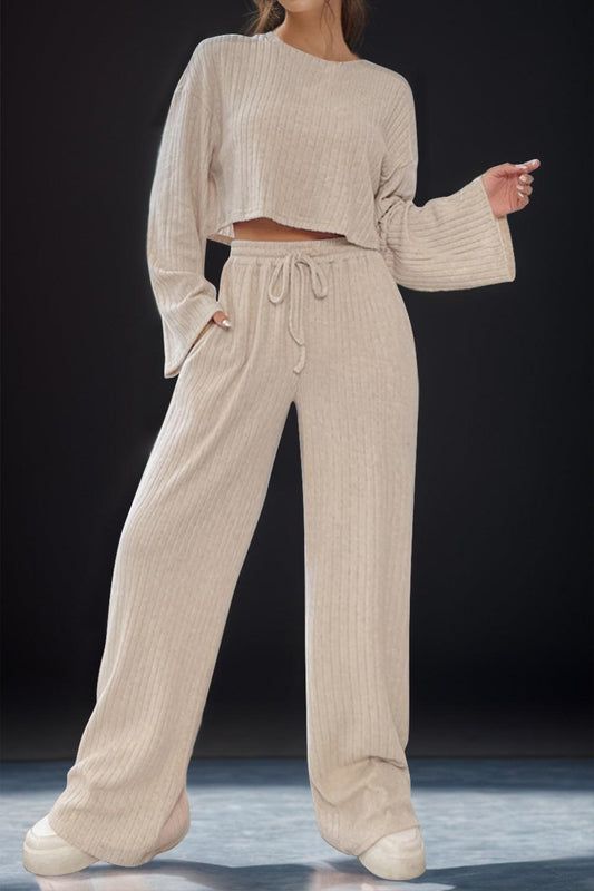 Round Neck Long Sleeve Top and Pants Set Khaki