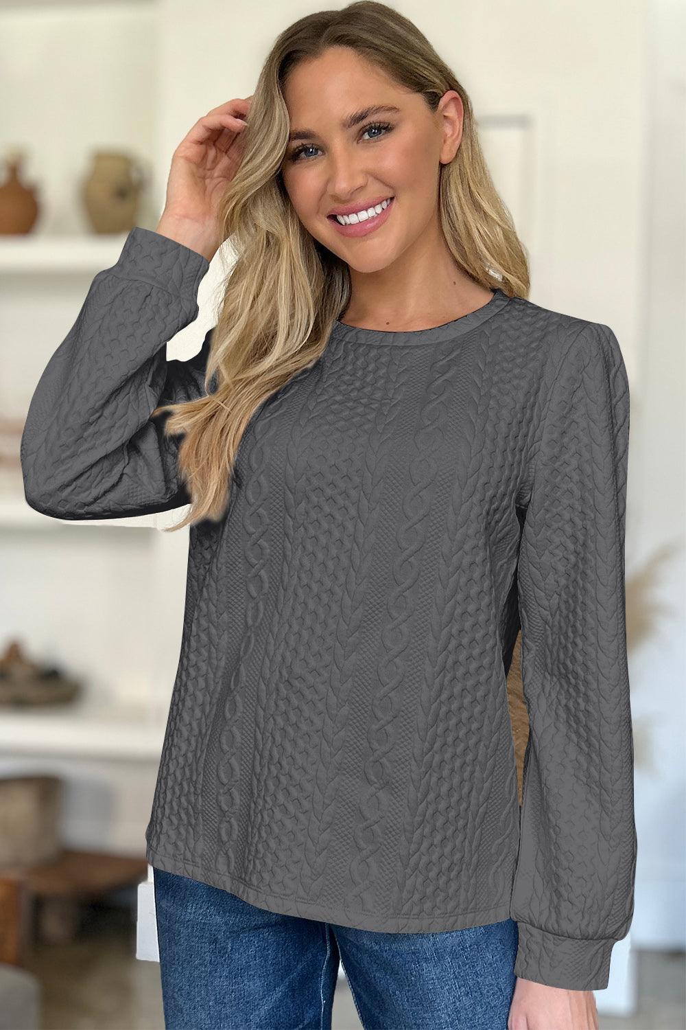 Textured Round Neck Long Sleeve Sweatshirt Dark Gray
