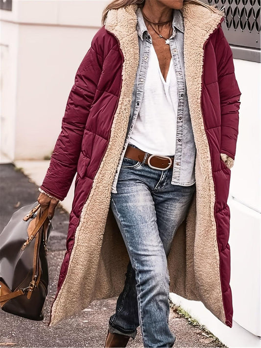 Full Size Zip Up Sherpa Hooded Coat Burgundy