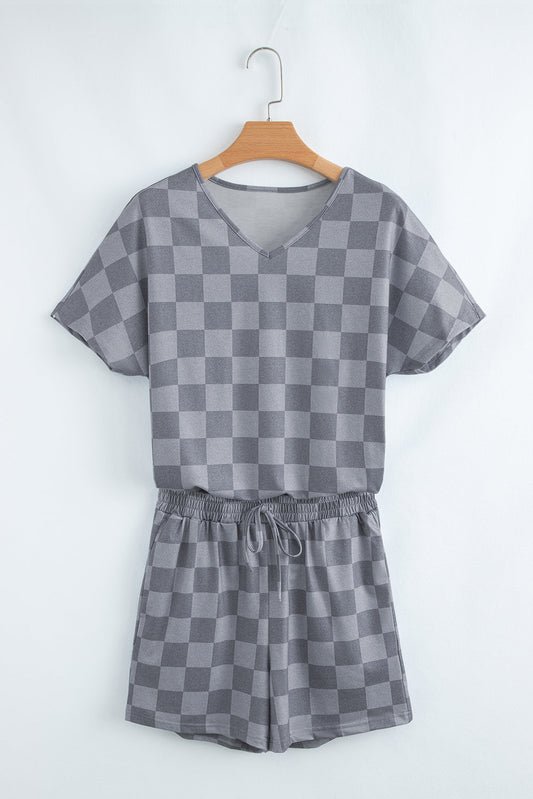 Checker V-Neck Tee & Drawstring Shorts Set