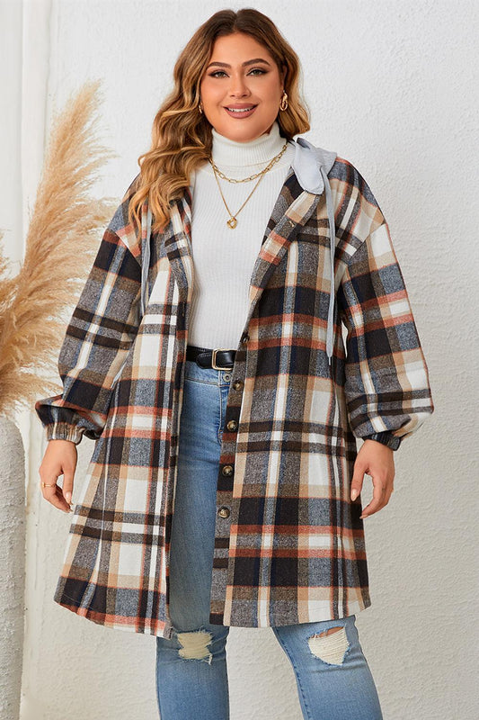 Honey Plus Size Plaid Drop Shoulder Hooded Coat Black