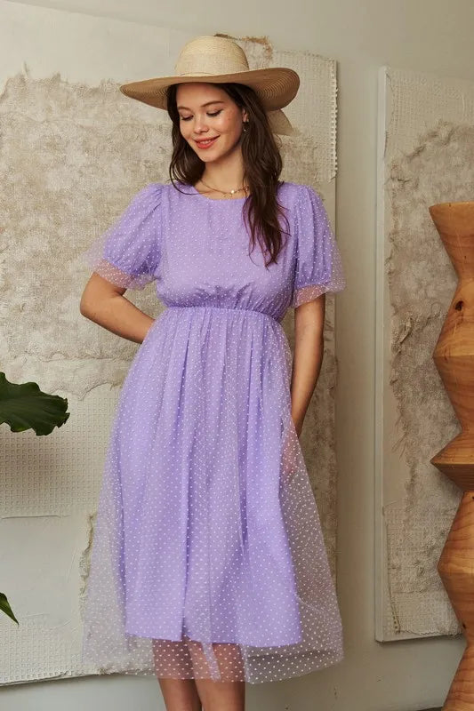 Davi & Dani Mesh Puff Short Sleeve Midi Dress Lavender