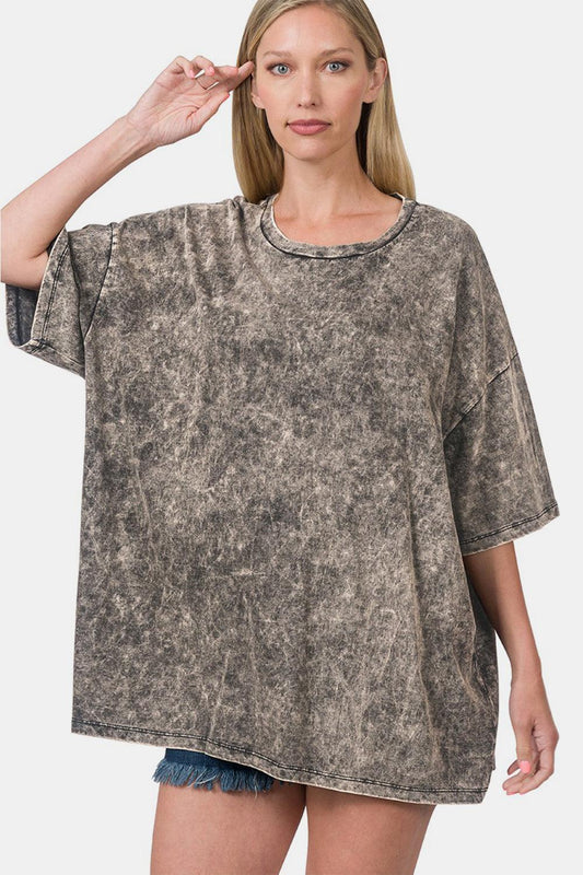 Zenana Washed Round Neck Drop Shoulder Oversized T-Shirt Ash Black