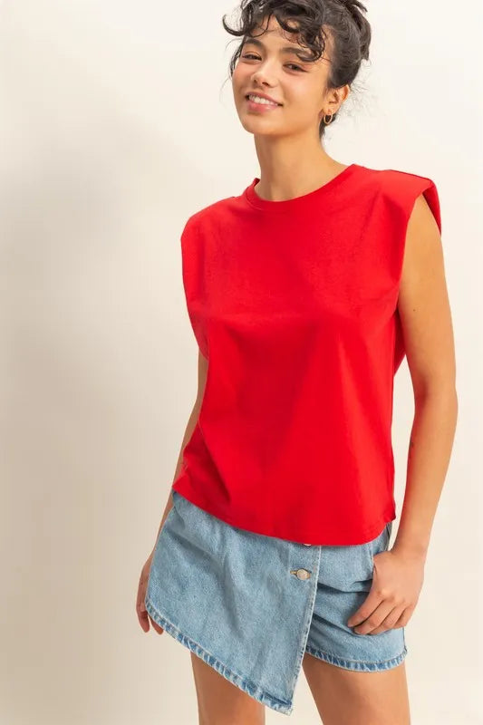 HYFVE Round Neck Shoulder Pad Sleeveless Top Red