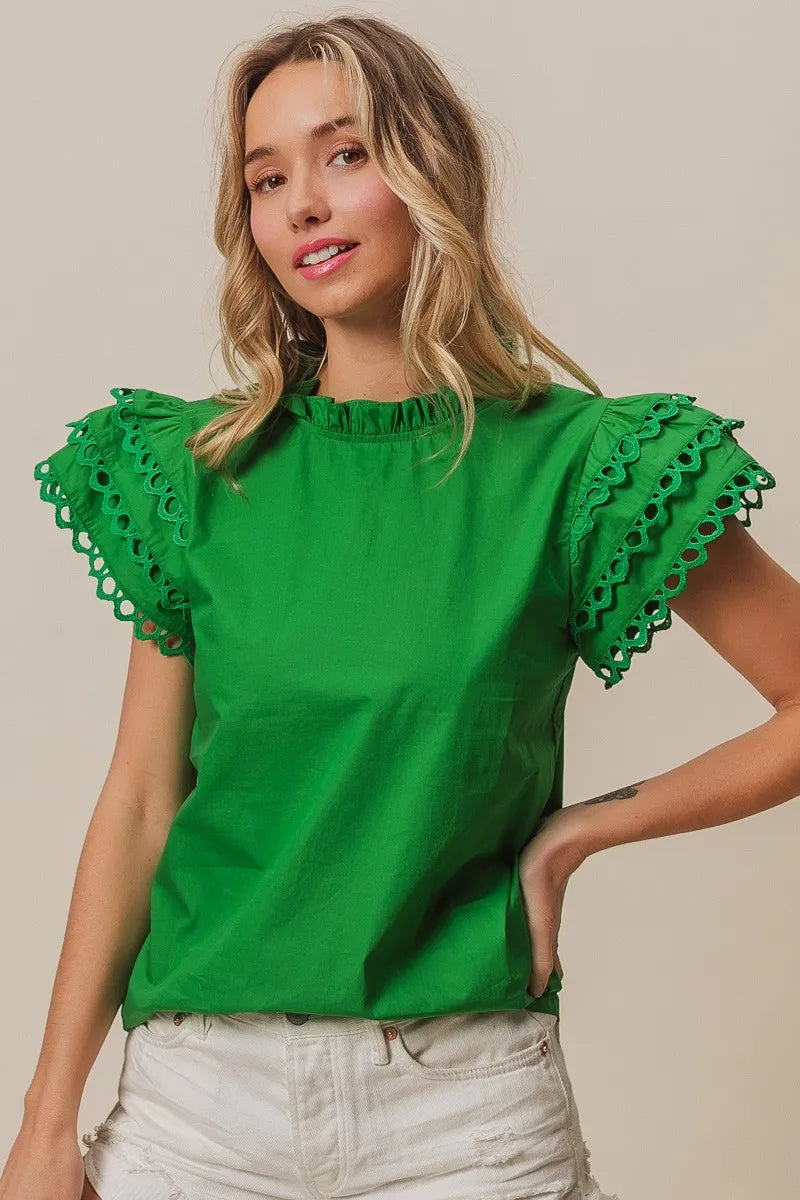 BiBi Solid Woven Circle Trim Ruffle Top