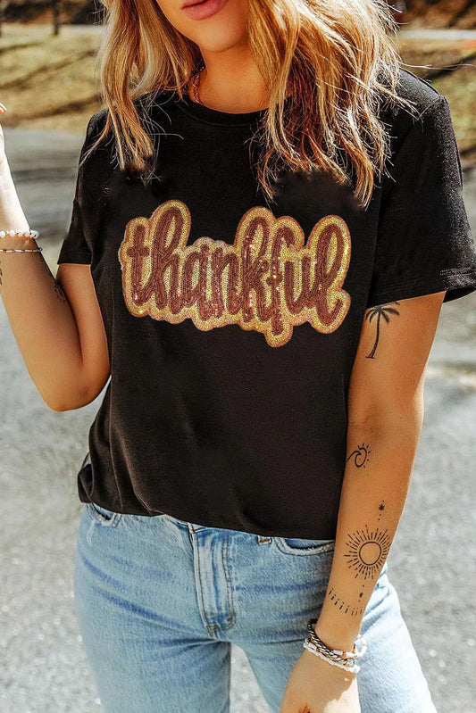 THANKFUL Sequin Round Neck Short Sleeve T-Shirt Black