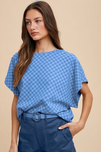 Annie Wear Checkered Round Neck Short Sleeve T-Shirt Blue