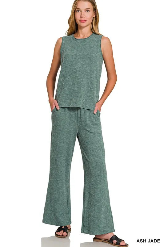 Zenana Cotton Slub Tank & Pants Set ASH JADE