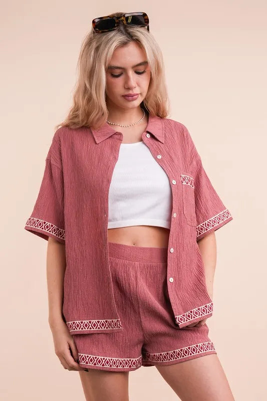 VERY J Crinkled Woven Shirt Top & Shorts Set