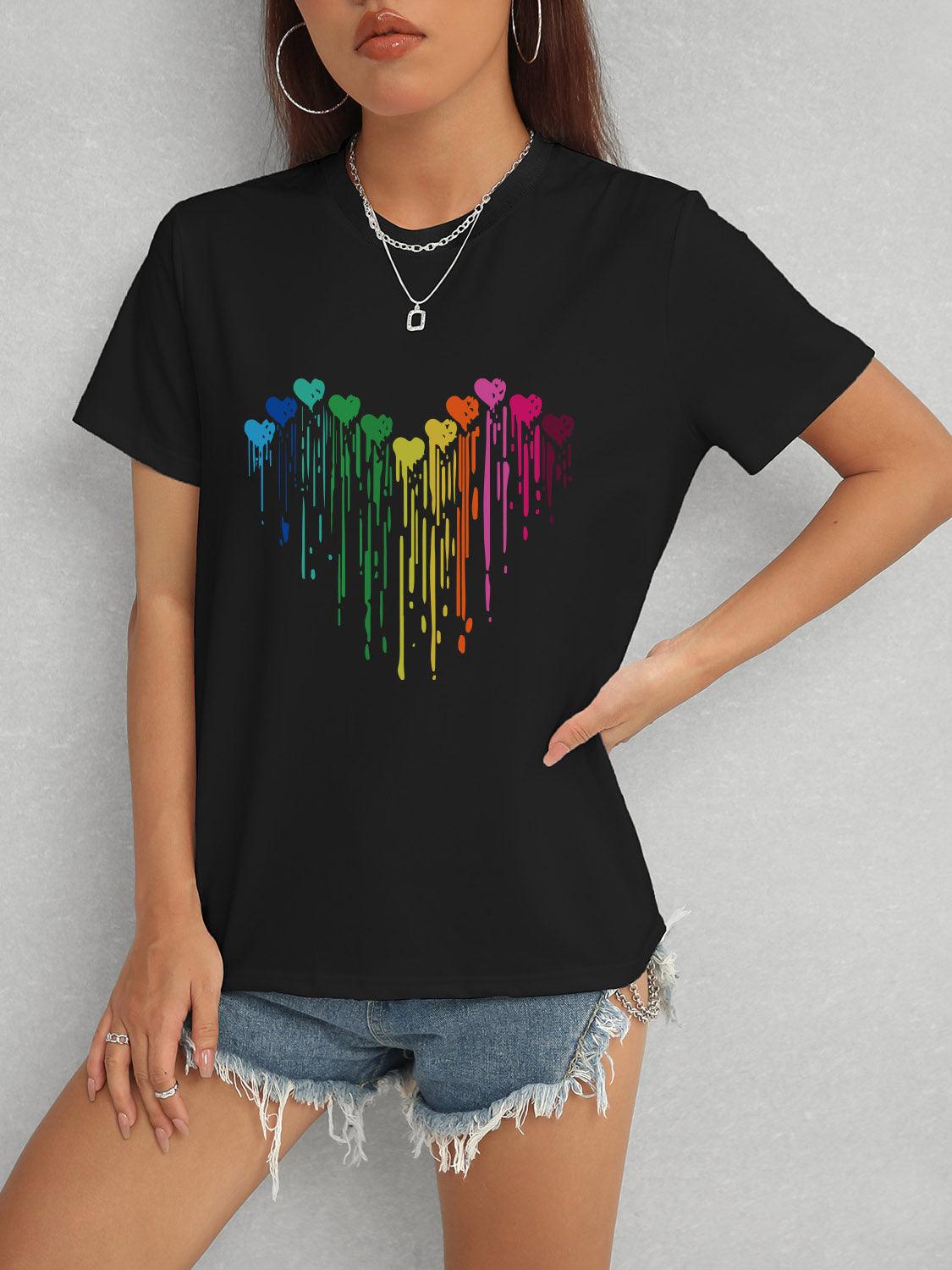 Heart Round Neck Short Sleeve T-Shirt Black