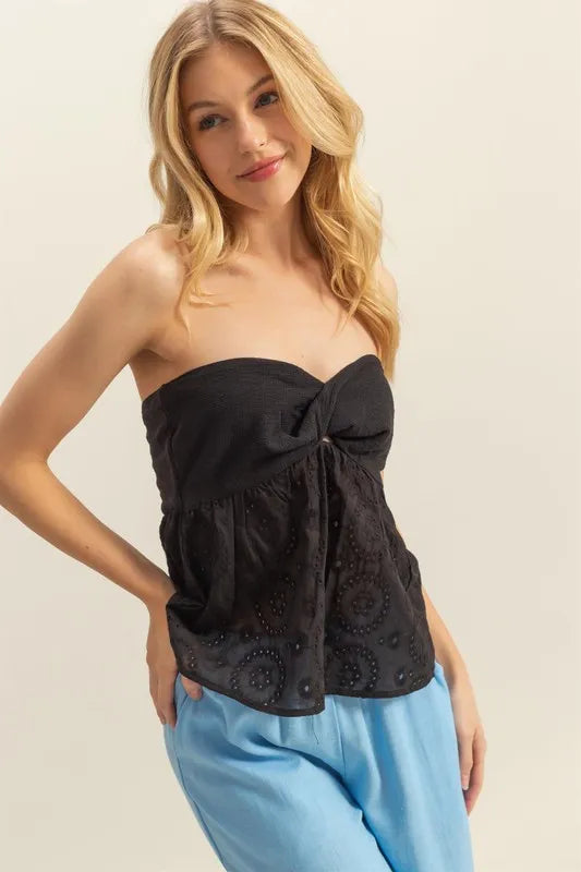 HYFVE Eyelet Twisted Sweetheart Neck Tube Top Black