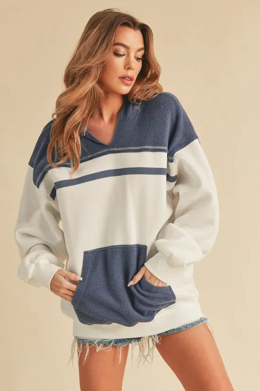 Aemi + Co Color Block Drop Shoulder Hoodie with Kangaroo Pocket White