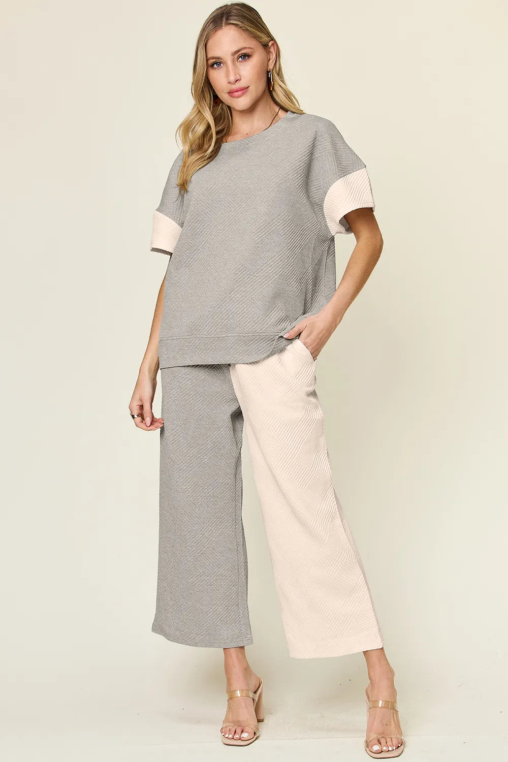 Double Take Full Size Texture Contrast T-Shirt and Wide Leg Pants Set Light Gray