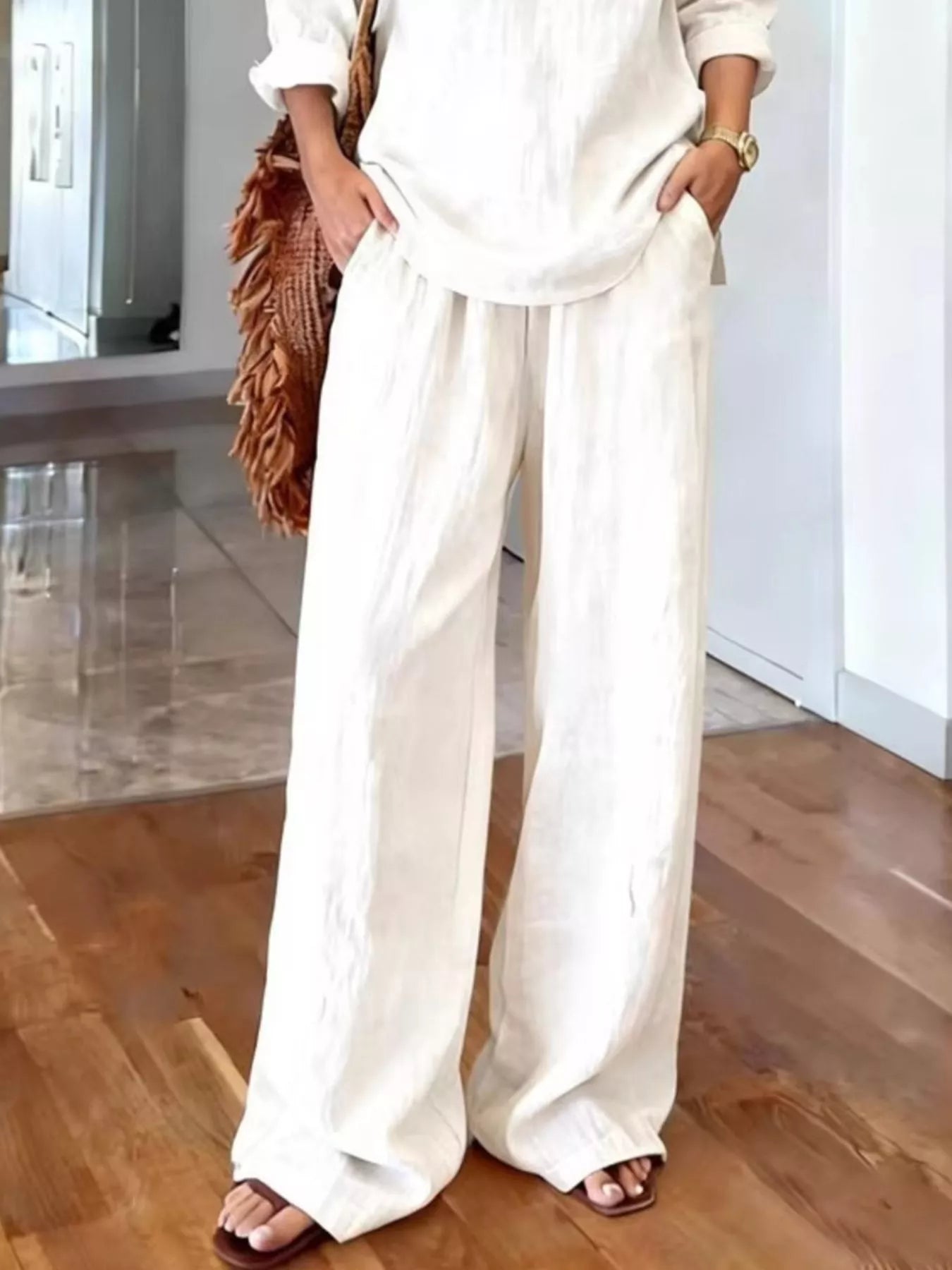 V-Neck Top and Wide-Leg Pants Set