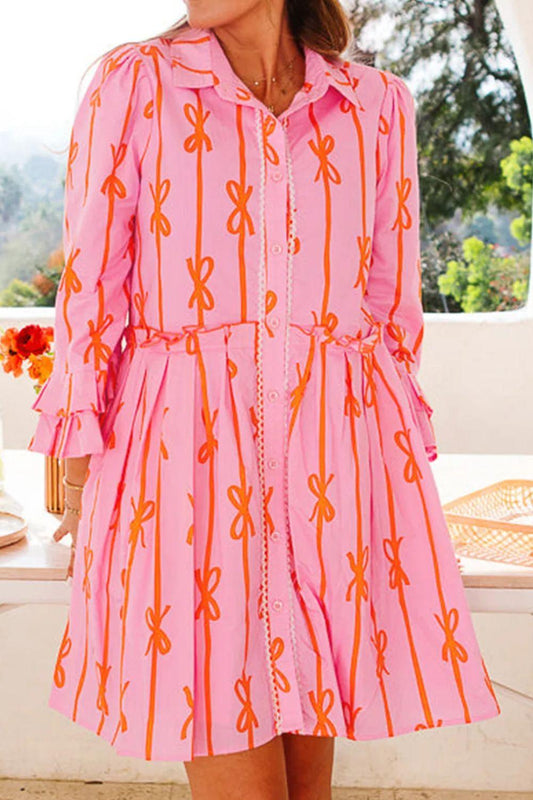 Ruffled Bow Printed Three-Quarter Sleeve Shirt Dress Pink