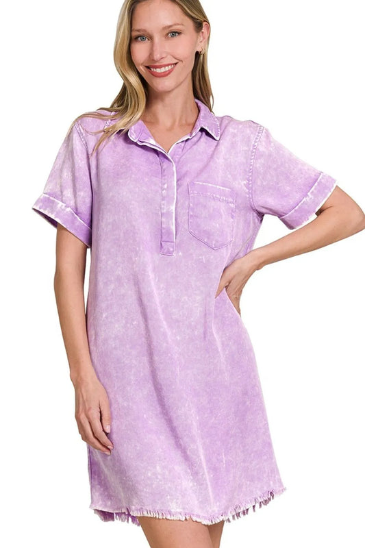 Zenana Tencel Mineral Washed Collared Shirts Dress B LAVENDER