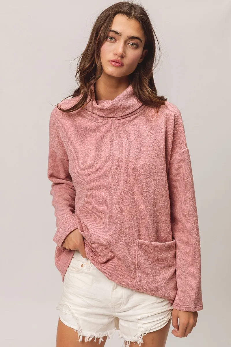 BiBi Piper Rib Double Pocket Turtle Neck Sweater MAUVE