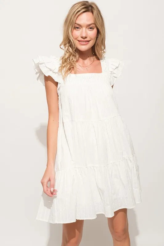 And The Why Origami Pleating Ruffled Sleeve Tiered Dress Off White