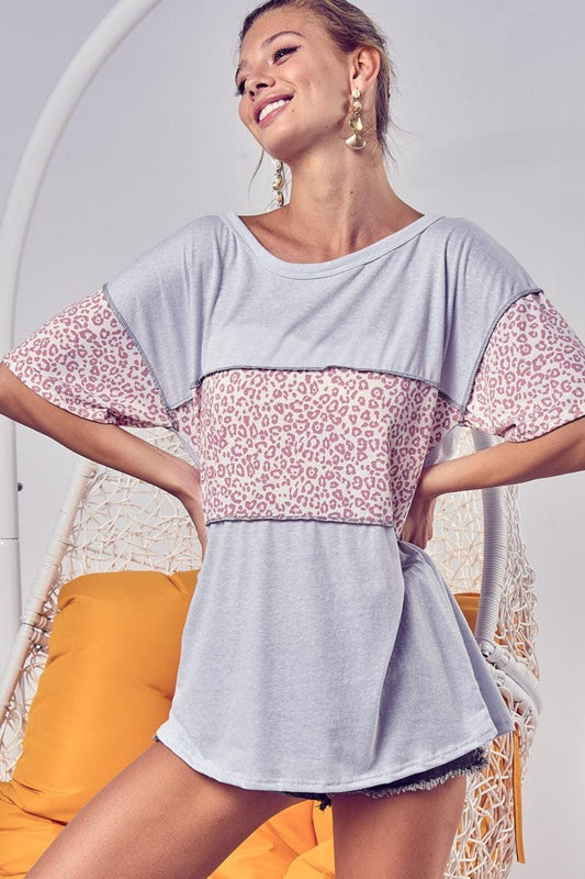 BiBi Leopard Block Exposed Seams T-Shirt Ice Grey