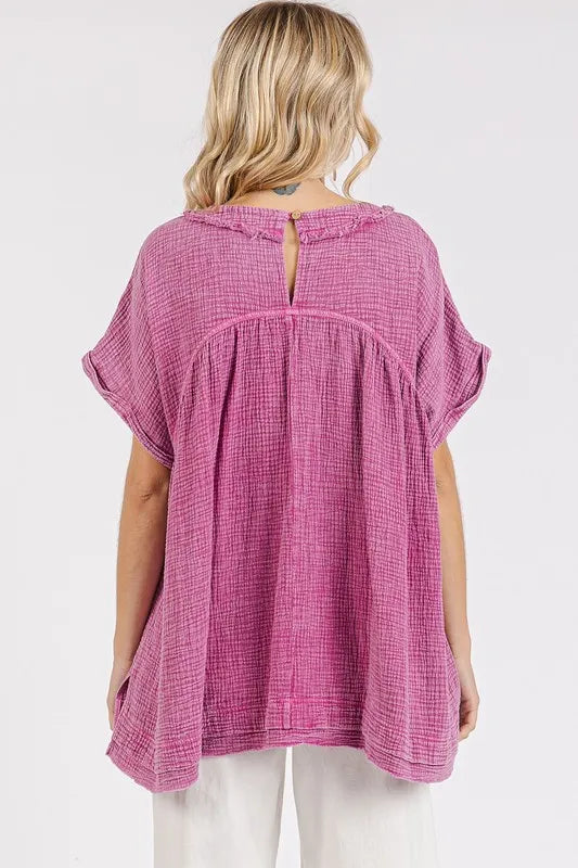 Mittoshop Mineral Wash Gauze Babydoll V-Neck Oversized Blouse
