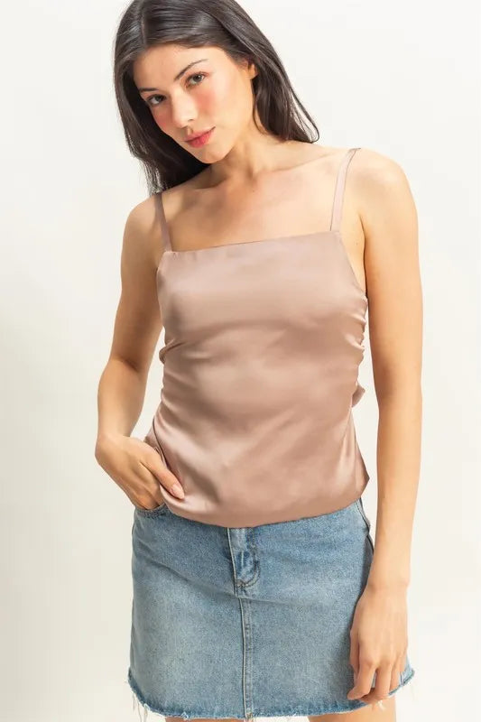 HYFVE Satin Back Tie Detail Cami DARK TAUPE