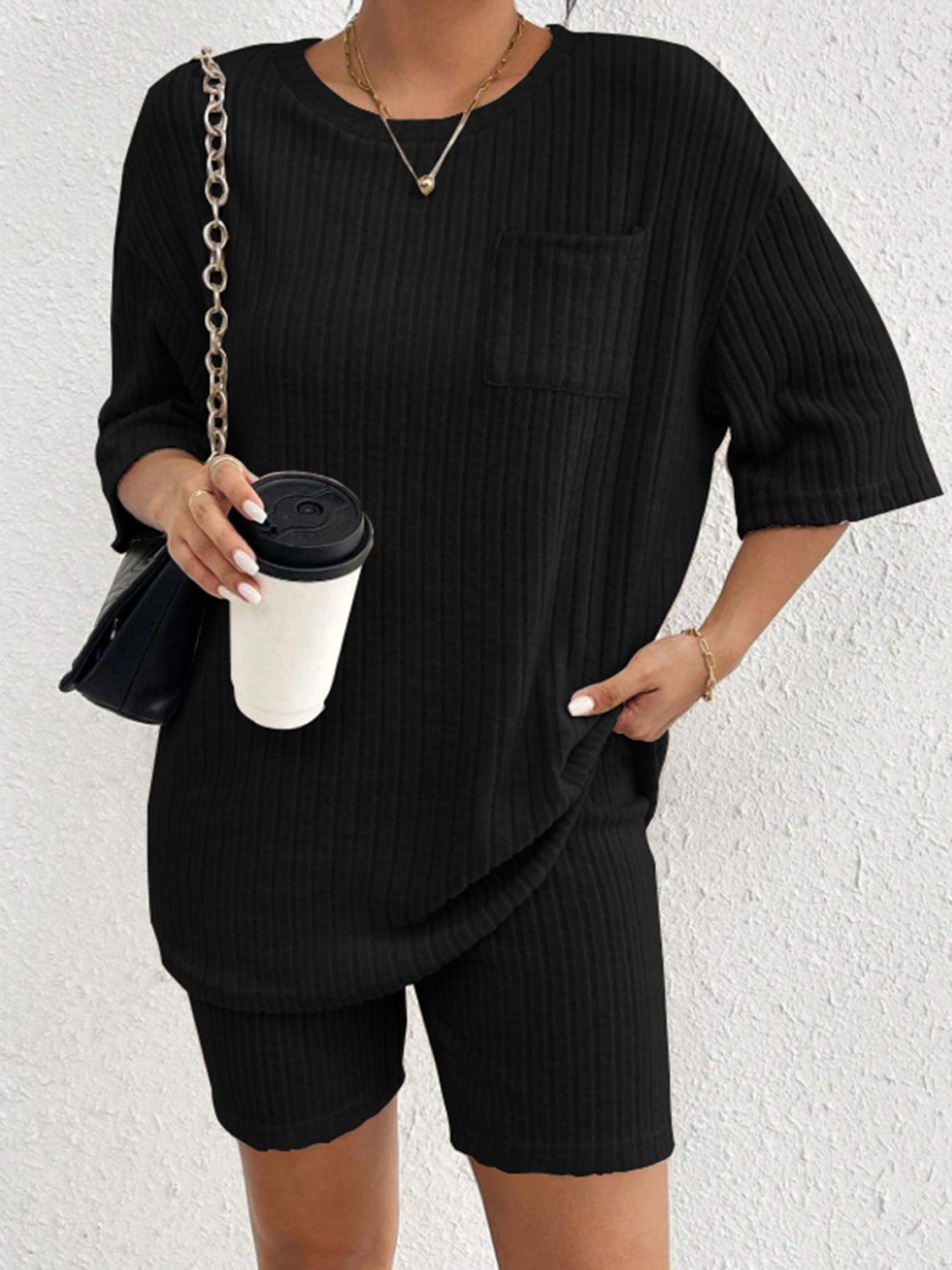 Ribbed Round Neck Top and Shorts Set Black