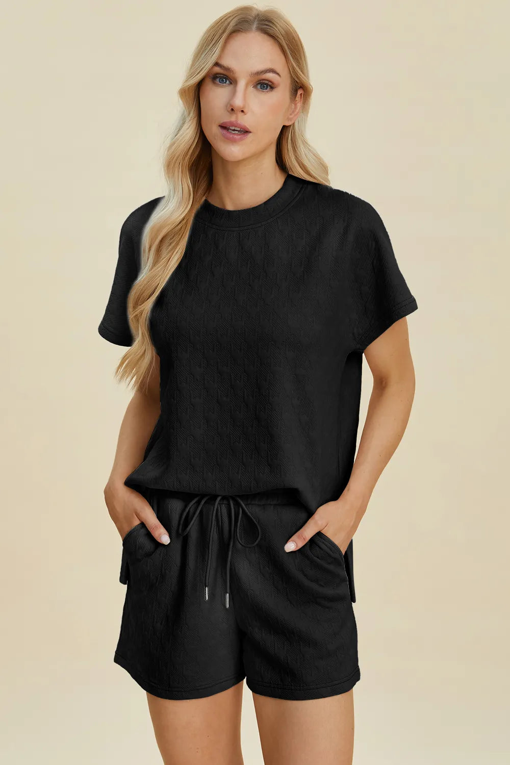 Double Take Full Size Texture Round Neck Short Sleeve Top and Shorts Set Black
