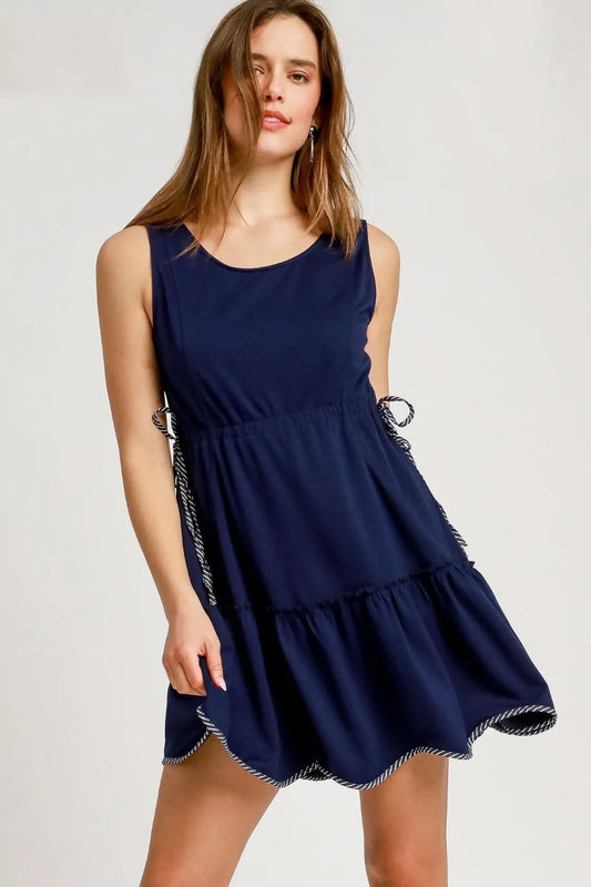 Umgee Frill Drawstring Waist Round Neck Mini Tank Dress Dark Navy