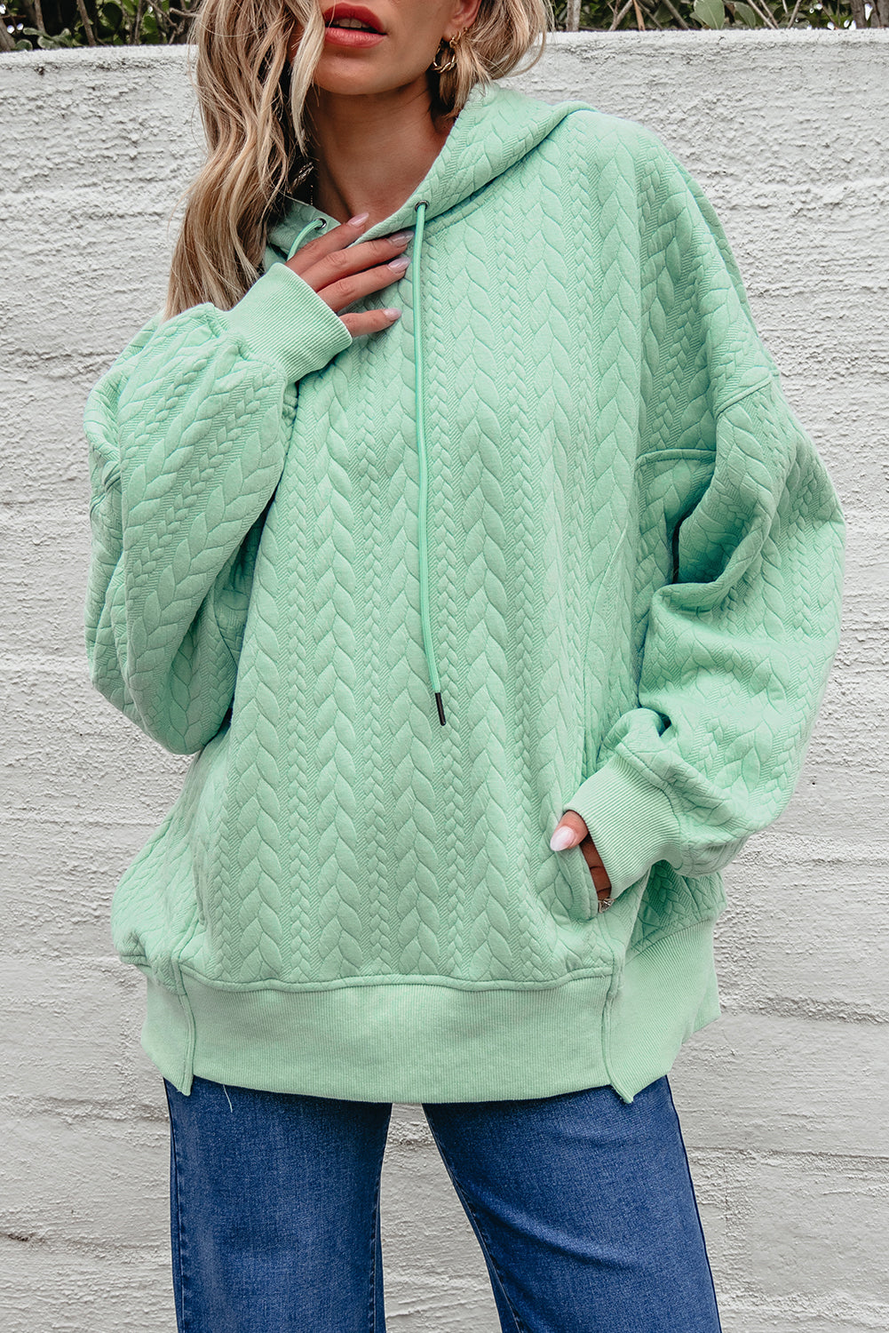 Solid Cable Textured Long Sleeve Baggy Hoodie