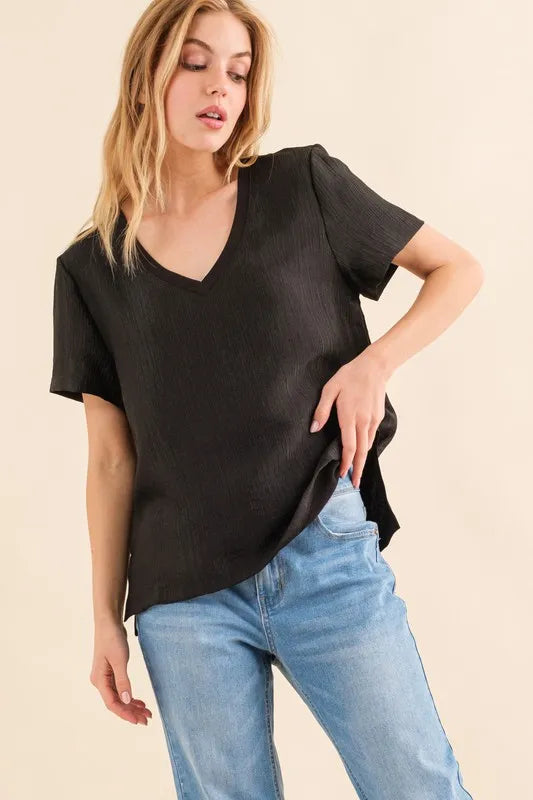 And The Why Textured Woven Short Sleeve T-Shirt Black