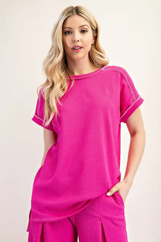 Celeste Full Size Relaxed-fit Textured Top with Short Sleeves Plus Size FUCHSIA