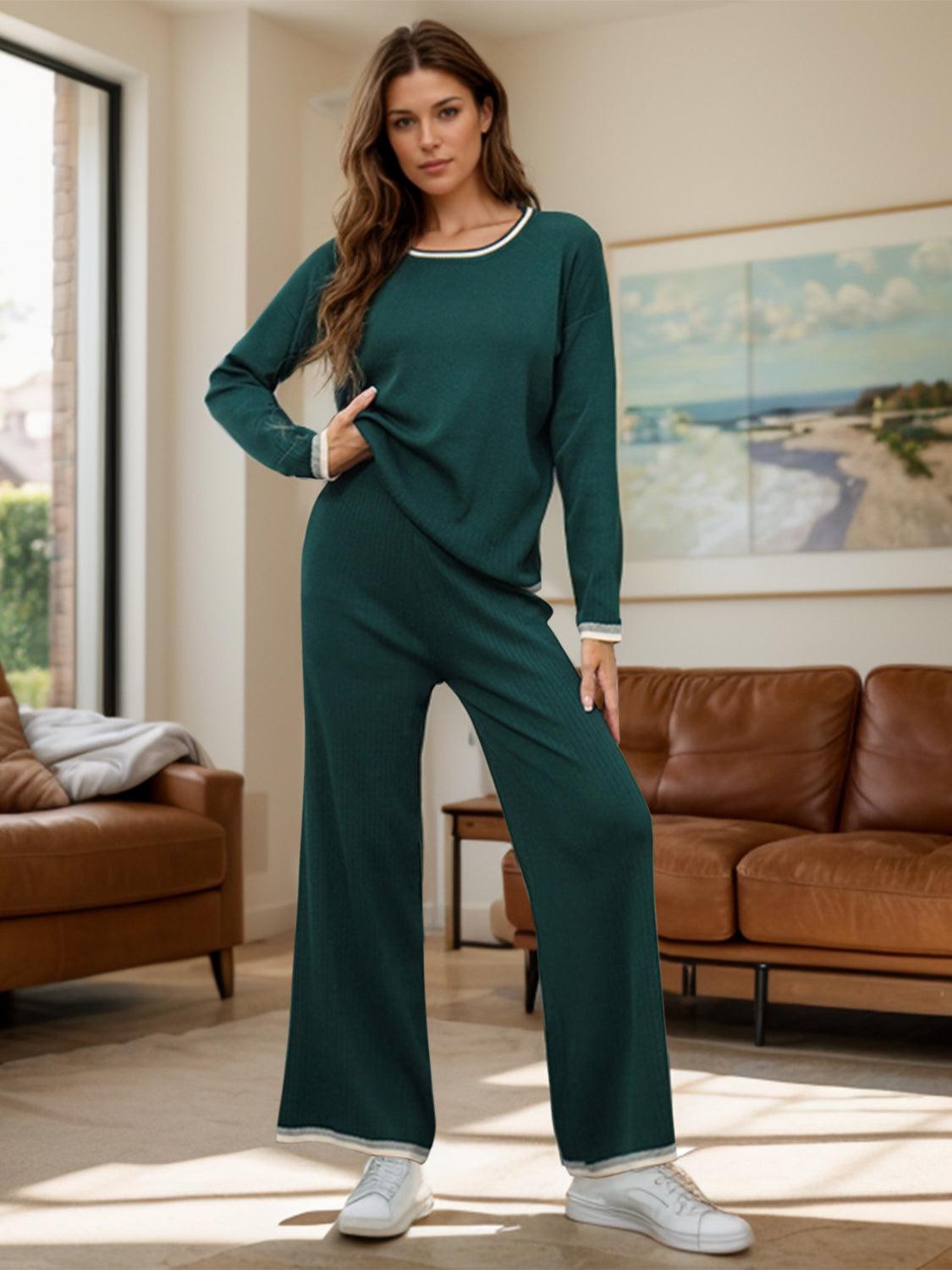 Contrast Trim Round Neck Top and Pants Sweater Set Dark Green One Size
