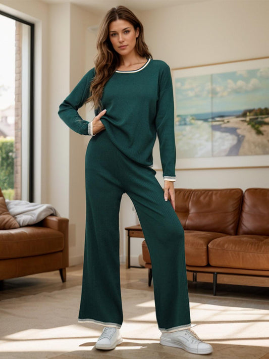 Contrast Trim Round Neck Top and Pants Sweater Set Dark Green One Size